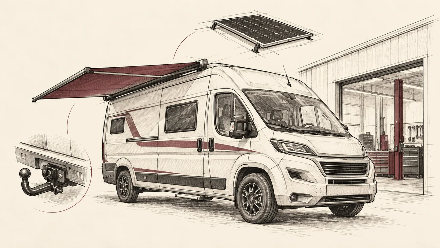 Illustration eines Wohnmobils vor einer Werkstatt