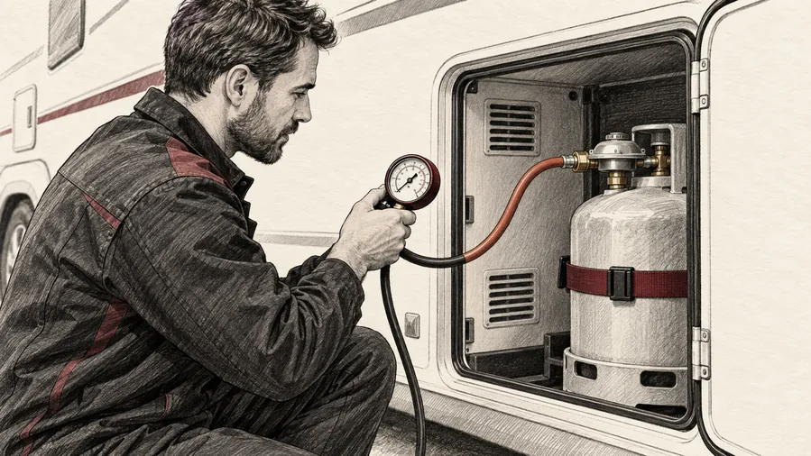 Techniker prüft die Gasanlage eines Wohnmobils