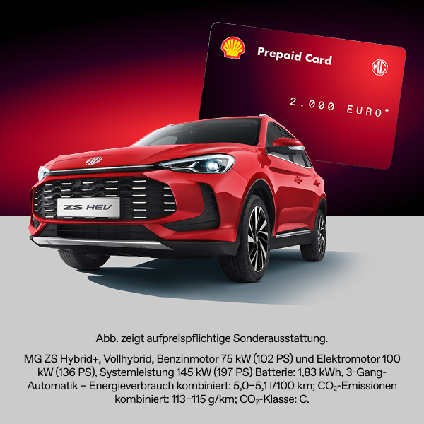 Roter MG ZS Hybrid+ mit Shell-Prepaid-Karte für die 2.000-Euro-Tankkarten-Aktion